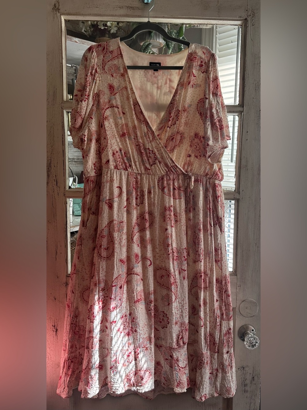 Torrid |Cream and Pink Paisley V-Neck Faux Wrap Dress